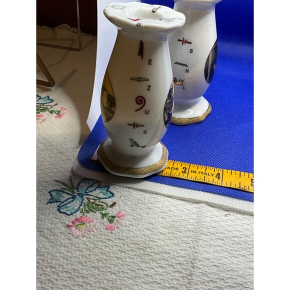 Pair Of Hand-Painted Egyptian-Themed Ceramic Candle Holders - Picture 3 of 10